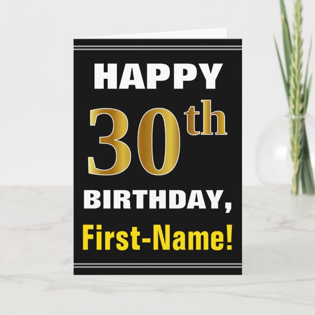Bold, Black, Faux Gold 30th Birthday w/ Name Card (Front)