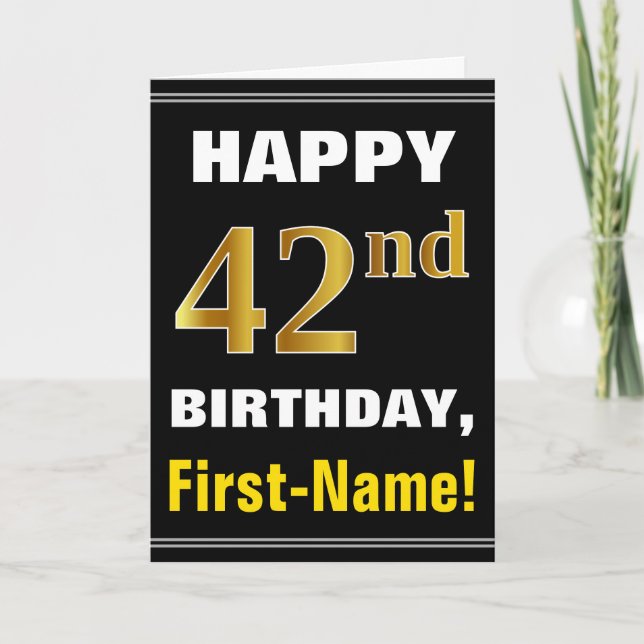 Bold, Black, Faux Gold 42nd Birthday w/ Name Card (Front)