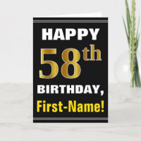 Bold, Black, Faux Gold 58th Birthday w/ Name Card