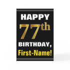 Bold, Black, Faux Gold 77th Birthday w/ Name Card