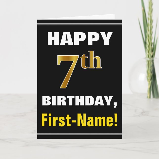 Bold, Black, Faux Gold 7th Birthday w/ Name Card (Front)