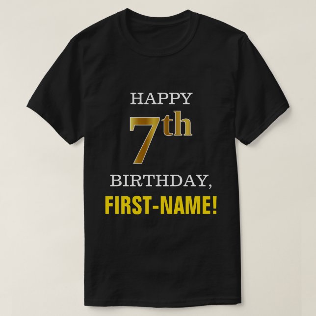 Bold, Black, Faux Gold 7th Birthday w/ Name Shirt (Design Front)