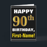 Bold, Black, Faux Gold 90th Birthday w/ Name Card<br><div class="desc">This simple birthday-themed greeting card design features a warm birthday wish like "HAPPY 90th BIRTHDAY, First-Name!" on the front, in bold text on a black coloured background. The birthday number has a faux/imitation gold-like colouring look. The name on the front can be personalised. The inside features a customisable birthday message....</div>