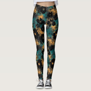 Bold Black Floral Silhouette with Teal & Mustard Leggings