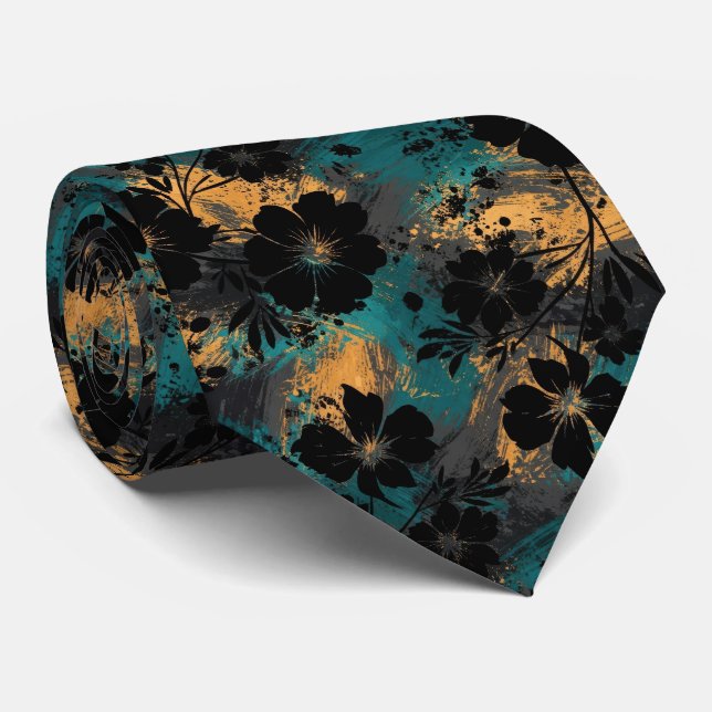 Bold Black Floral Silhouette with Teal & Mustard Tie (Rolled)