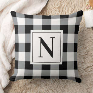 Bold Black Gingham Check Monogram Initial Cushion