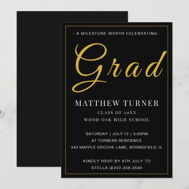 Bold Black Gold Grad Party Invite (Front/Back)