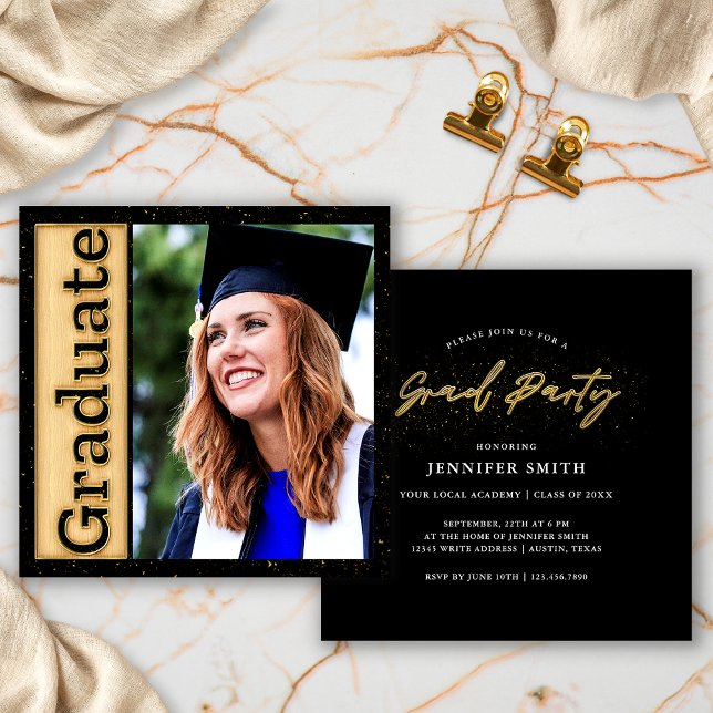 Bold Black Gold Photo Graduation Graduate Party Invitation (Creator Uploaded)