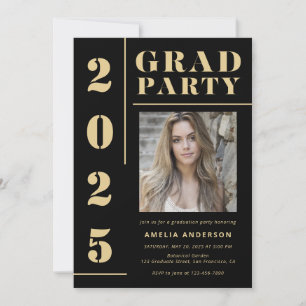 Bold Black Gold Typography Photo Graduation Party Invitation
