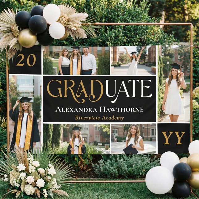 Bold Black Graduate Celebration Grad Photo Collage Banner (Bold Black Graduate Celebration Grad Photo Collage Banner)