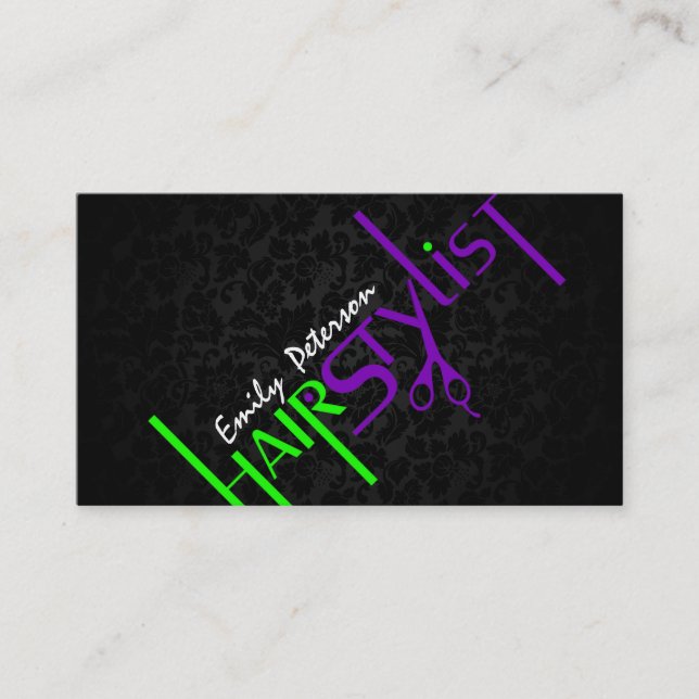 Bold Black Green And Purple Hair Stylist Text 2a B Business Card (Front)