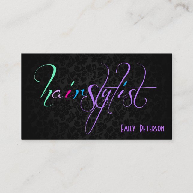 Bold Black Green And Purple Hair Stylist Text 3 Business Card (Front)