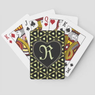 Bold Black & Green Pattern Monogram Heart Playing Cards