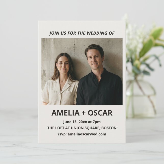 Bold Black Ivory Photo Modern Wedding Typography Invitation (Standing Front)