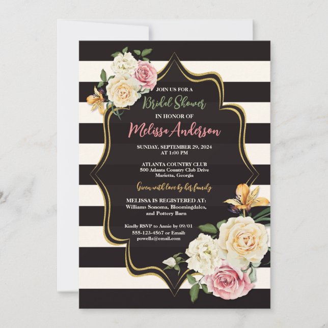 Bold Black, Ivory Stripes, Florals Bridal Shower Invitation (Front)