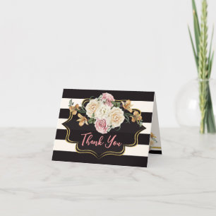 Bold Black, Ivory Stripes, Florals Thank You Card