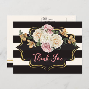 Bold Black, Ivory Stripes, Florals Thank You Postcard