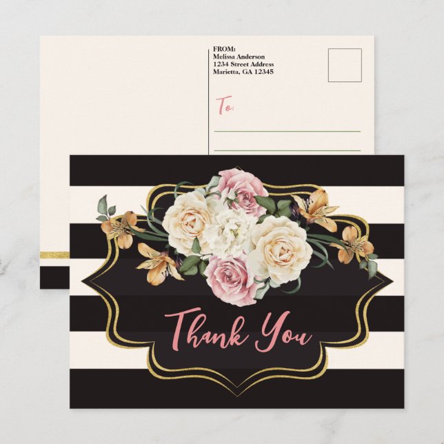 Bold Black, Ivory Stripes, Florals Thank You Postcard (Front/Back)