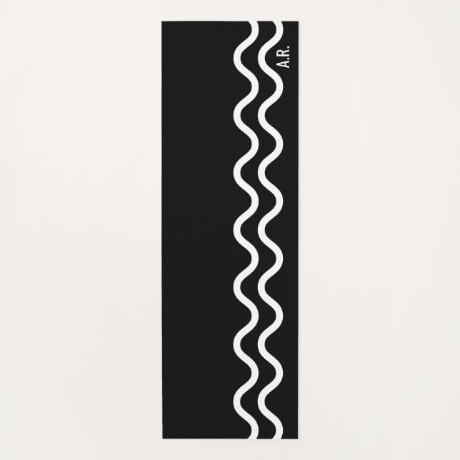 Bold Black Modern Minimal Wavy Lines With Initials Yoga Mat (Front)