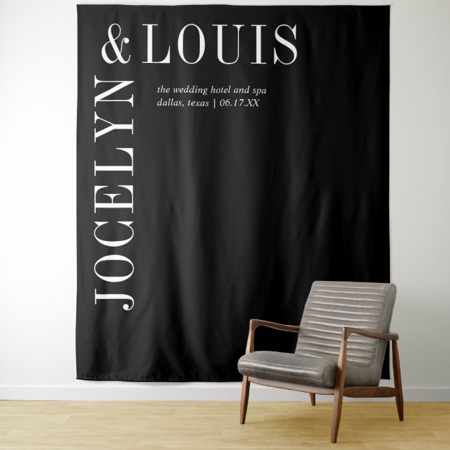 Bold Black Modern Wedding Backdrop Tapestry (In Situ)