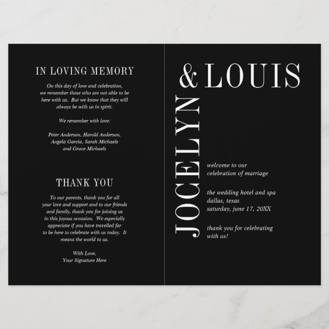 Bold Black Modern Wedding Program (Front)