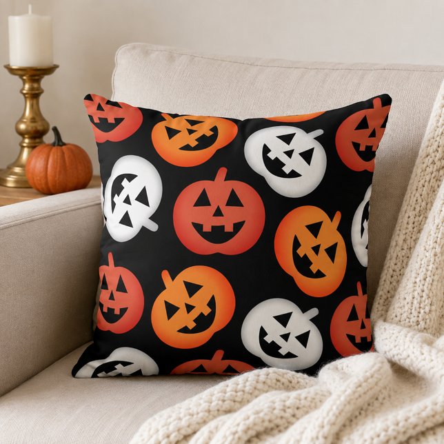 Bold Black Orange White Jack o Lantern Pattern Cushion (Creator Uploaded)