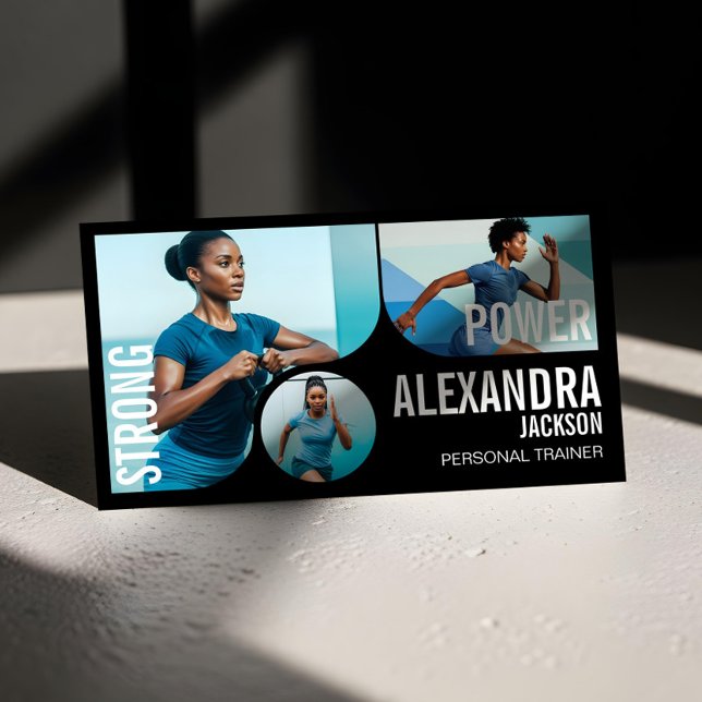 Bold Black Personal Trainer Fitness Gym Coach QR Business Card (Trendy Wavy Photo Frame Personal Trainer Fitness Business Card)