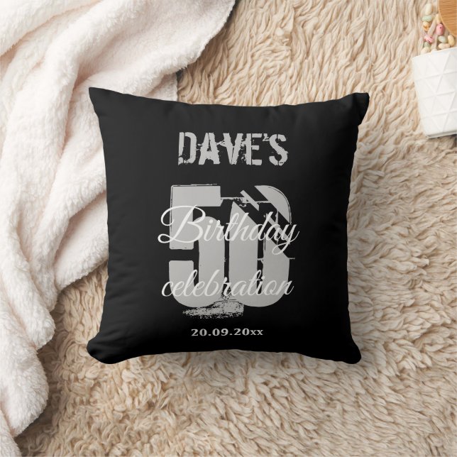 Bold Black Personalised 50th Any Age Birthday  Cushion (Blanket)