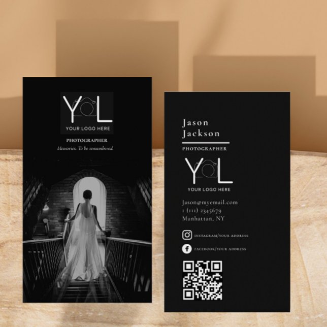 Bold Black Photographer QR code Social Media Photo Business Card (Creator Uploaded)