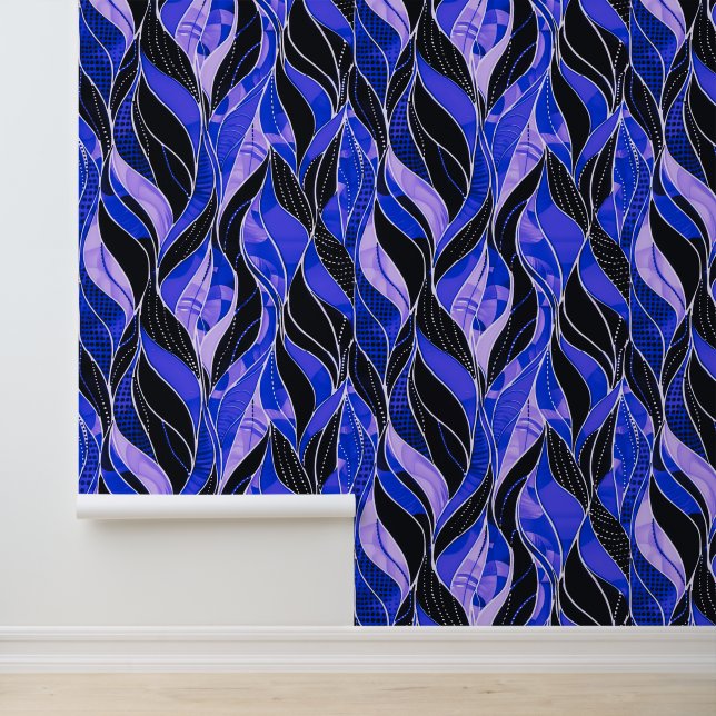 Bold Black Purple Botanical Leaf Pattern Wallpaper (Application)