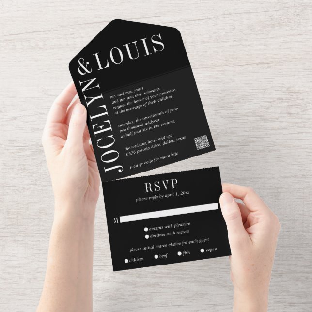 Bold Black QR Code Modern Wedding All In One Invitation (Tearaway)