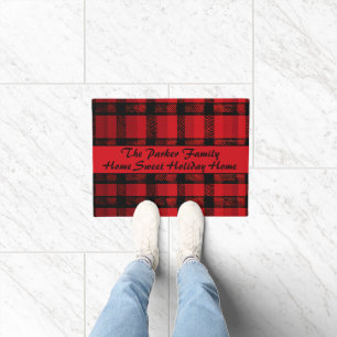 Bold Black Red Buffalo Plaid Sweet Holiday Home  Doormat