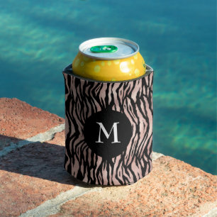 Bold Black Rose Gold Animal Print Pattern Monogram Can Cooler