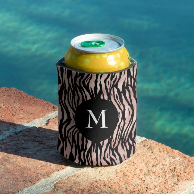 Bold Black Rose Gold Animal Print Pattern Monogram Can Cooler (In Situ Pool)
