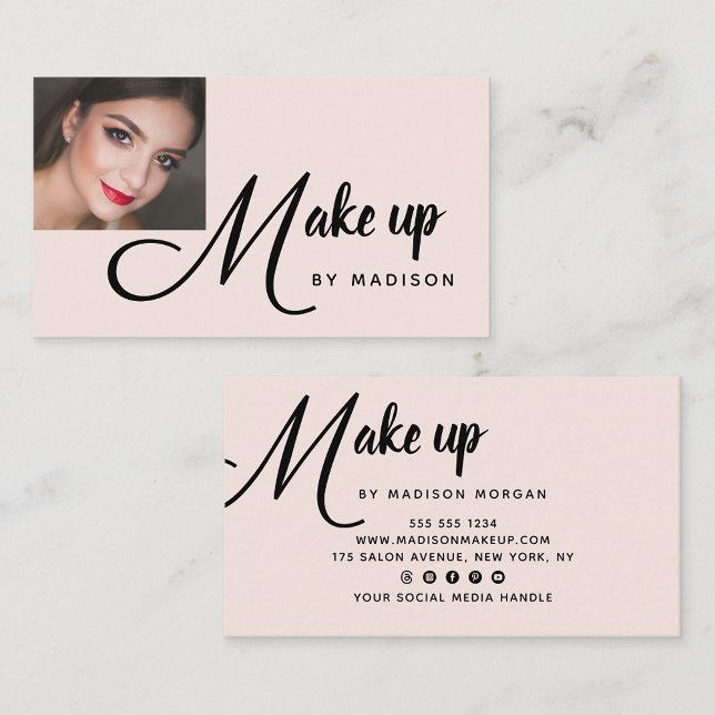 Bold Black Script Blush Pink Photo Makeup Business Card (Creator Uploaded)