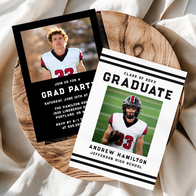 Bold Black Stripes Athletic Photo Graduation Party Invitation (Creator Uploaded)