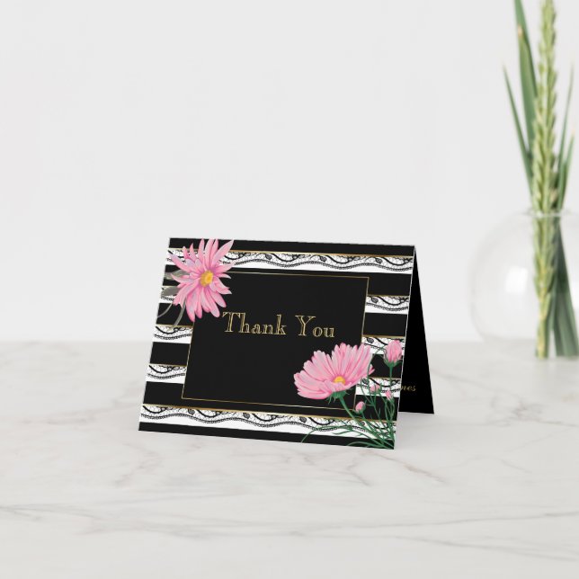 Bold Black Stripes Pink Daisies Thank You Card (Front)