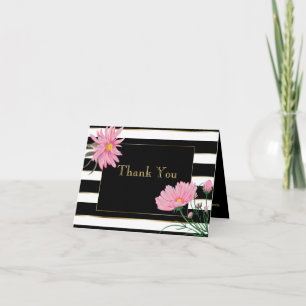 Bold Black Stripes Pink Daisies Thank You Card