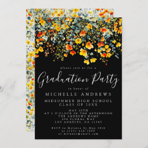 Bold Black Summer Floral Graduation Party Invitation