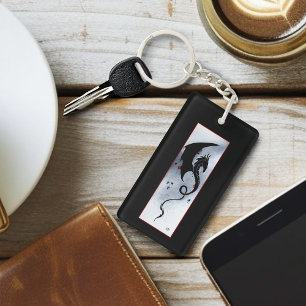 Bold Black Tribal Dragon Red Blue Flowers Key Ring