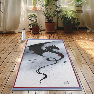 Bold Black Tribal Dragon Red Blue Flowers Yoga Mat