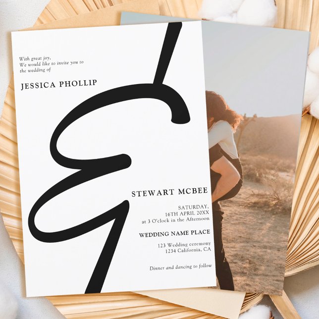 Bold black white calligraphy photo wedding invitation (Creator Uploaded)
