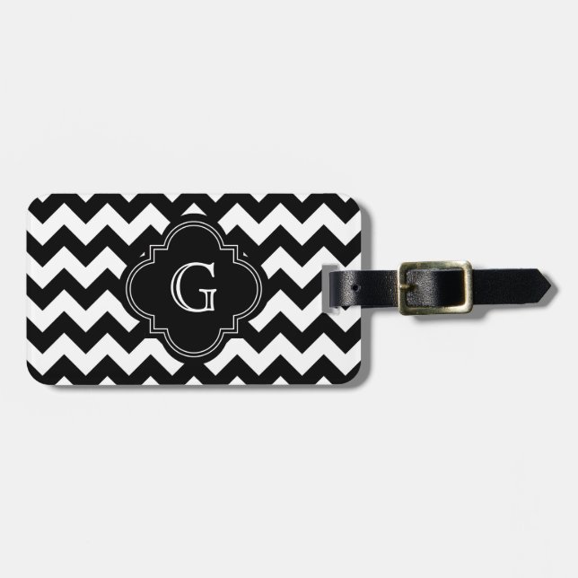 Bold Black White Chevron Zig Zag Pattern Monogram Luggage Tag (Front Horizontal)