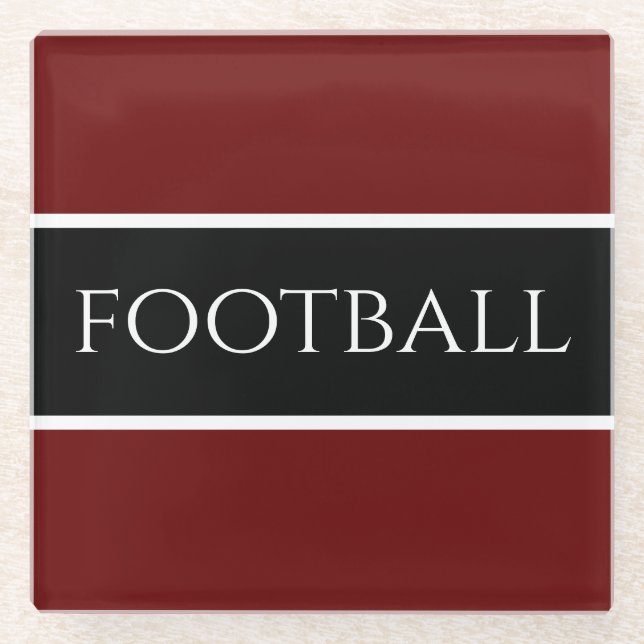 Bold Black White Dark Red Stripes "Football" Text Glass Coaster (Front)