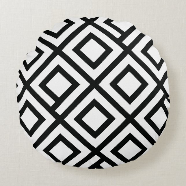 Bold Black White Geometric Diamond Round Cushion (Front)