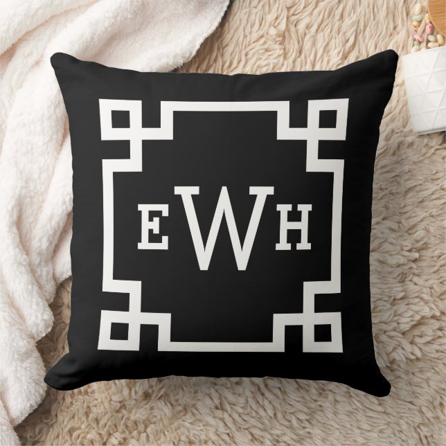 Bold Black White Greek Key Monogram Initial Cushion (Blanket)