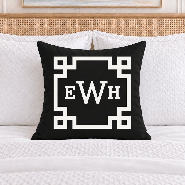 Bold Black White Greek Key Monogram Initial Cushion (Creator Uploaded)