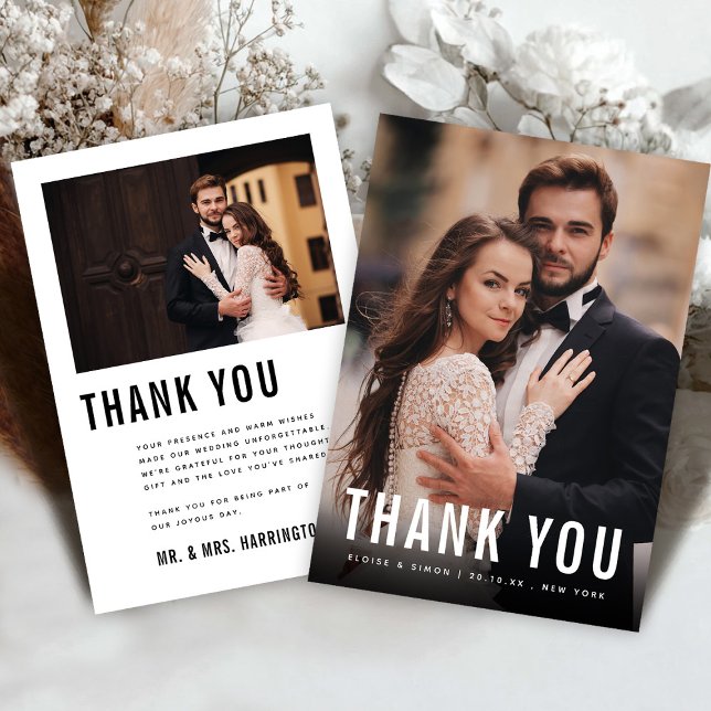 Bold Black White Modern Minimalist Photo Wedding  Thank You Card (Bold Black and White Modern Minimalist classic Photo Wedding Thank You Card)