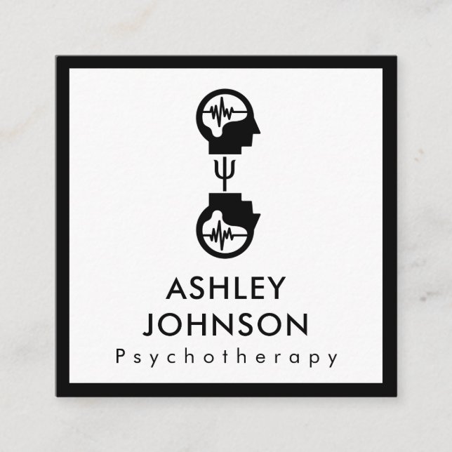 Bold Black & White Psychotherapy Therapist Brain   Square Business Card (Front)