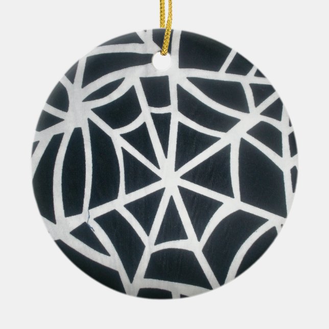 Bold Black & White Spider Web Geometric Pattern Ceramic Tree Decoration (Front)